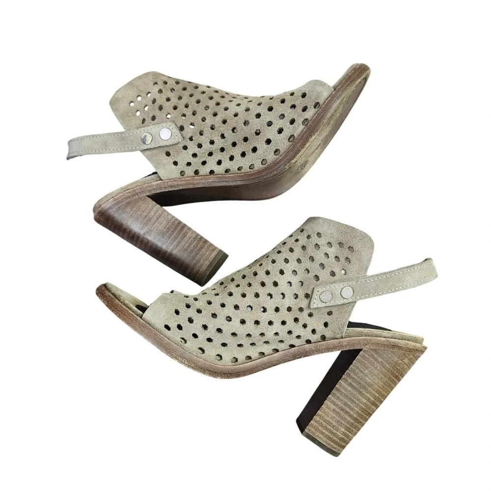 Rag & Bone Wyatt Taupe Suede Perforated Peep Toe Slingback Block Heel Sandals 39